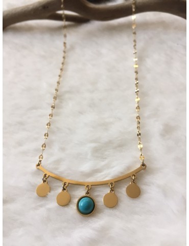 COLLIER EN ACIER  COULEUR OR ET PIERRE BLEUE PERRINE