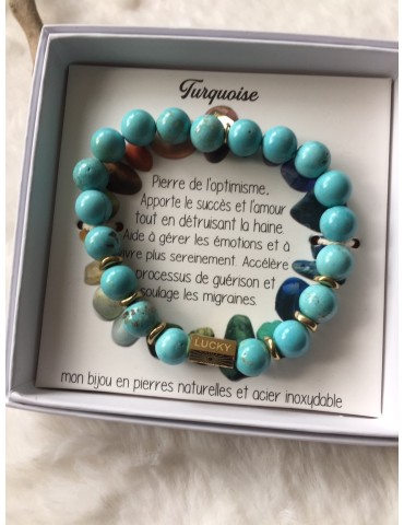 BRACELET EN PIERRES NATURELLES ET ACIER  TURQUOISE