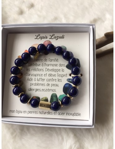 BRACELET EN PIERRES NATURELLES ET ACIER  LAPIS LAZULI