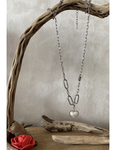 COLLIER EN ACIER  PERLE BLANCHE  COEUR AGATHA