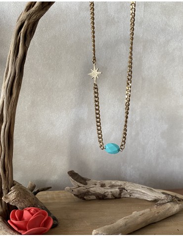 COLLIER   EN ACIER COULEUR OR ET TURQUOISE ETHILA