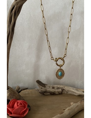 COLLIER EN ACIER INOXYDABLE  COULEUR OR ET TURQUOISE  SOLEDA