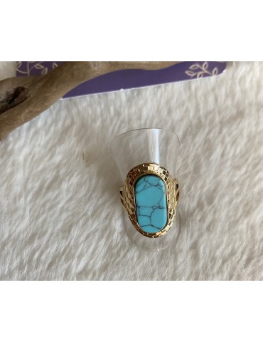 BAGUE AJUSTABLE LONGUE  EN ACIER COULEUR OR ET TURQUOISE   CYPRINE